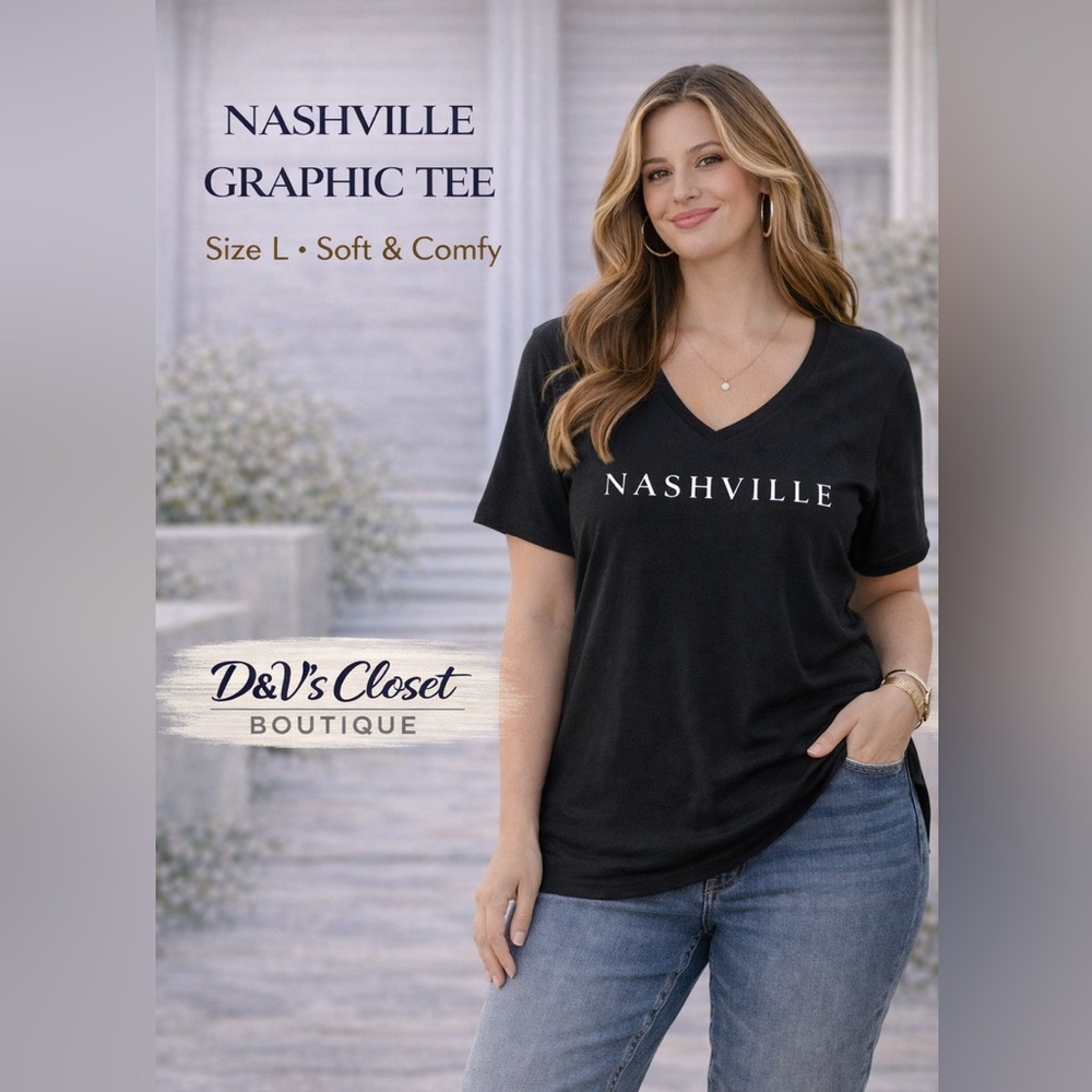Bella Canvas Nashville Graphic Tee Black V-Neck T-Shirt Size Large Soft Casual